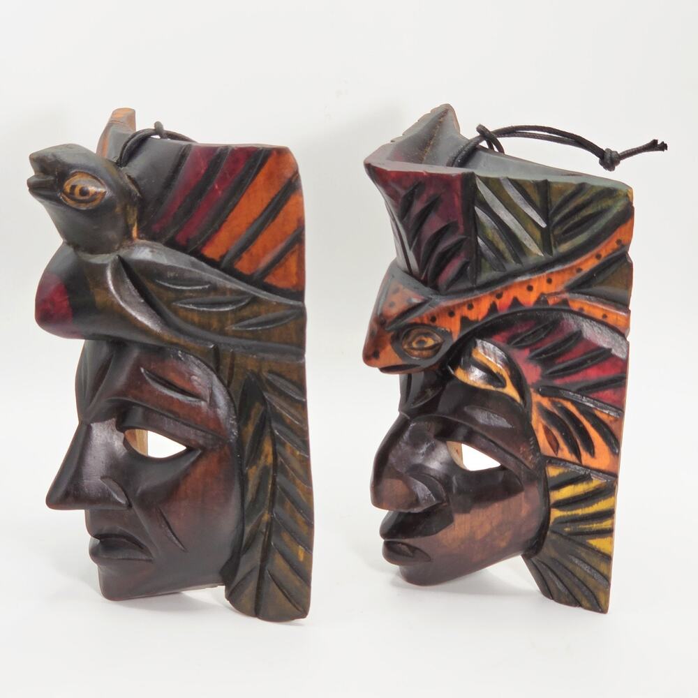 Aztec Mayan Tribal Masks Totem Hand Carved Wood Painted Wall Decor Estate